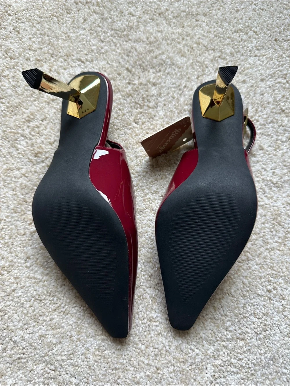 Burgundy Pointed-Toe Slingback Pumps with Gold Heel